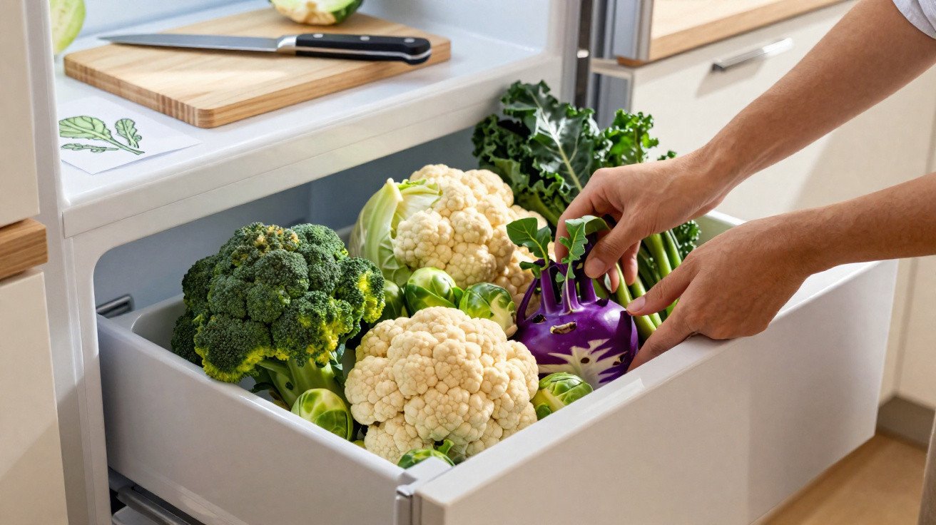 Mãos a guardar legumes frescos como couve-flor, brócolos, couve roxa e couves de Bruxelas numa gaveta na cozinha.