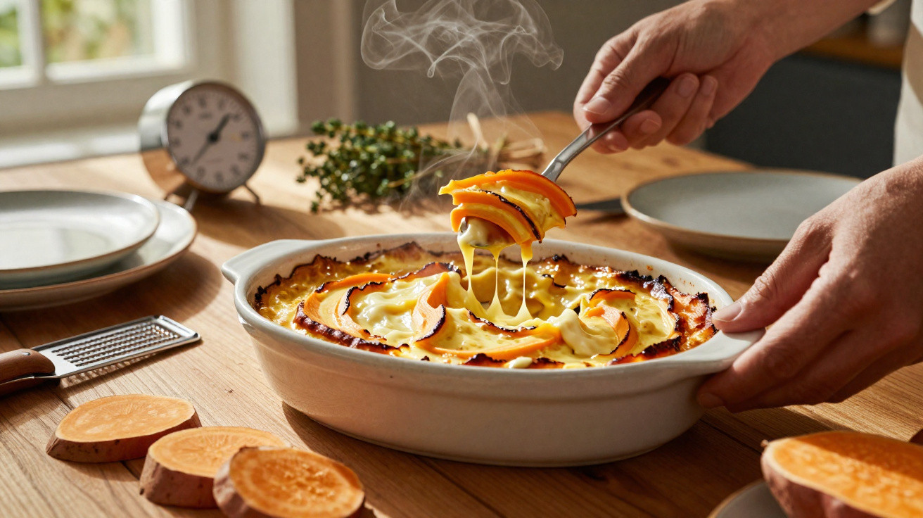 Prato de gratinado de batata-doce quente, com queijo derretido a ser servido numa colher.