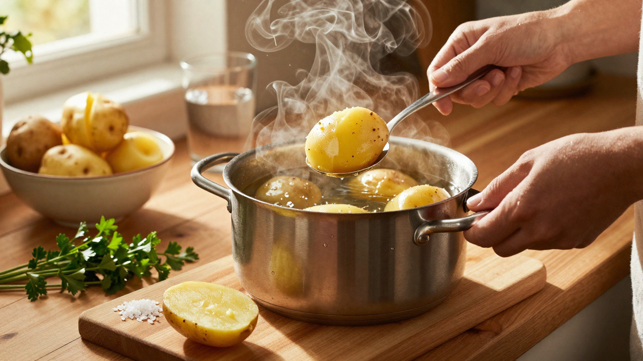 Mãos a levantar batata quente com colher de panela a ferver, sobre tábua na cozinha iluminada.