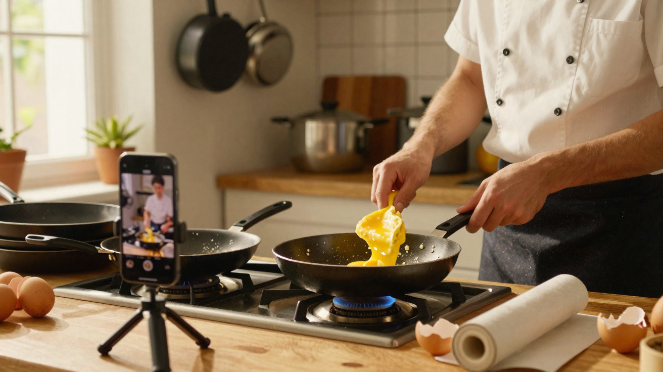 Pessoa a cozinhar ovos mexidos numa frigideira, a ser filmada com um telemóvel na cozinha.