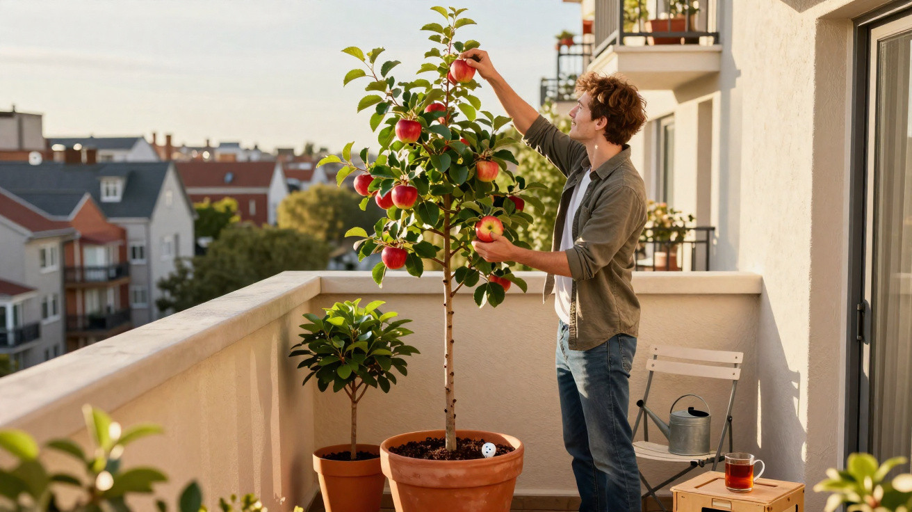 Homem a apanhar maçãs de uma macieira em vaso num terraço com vista para prédios residenciais.