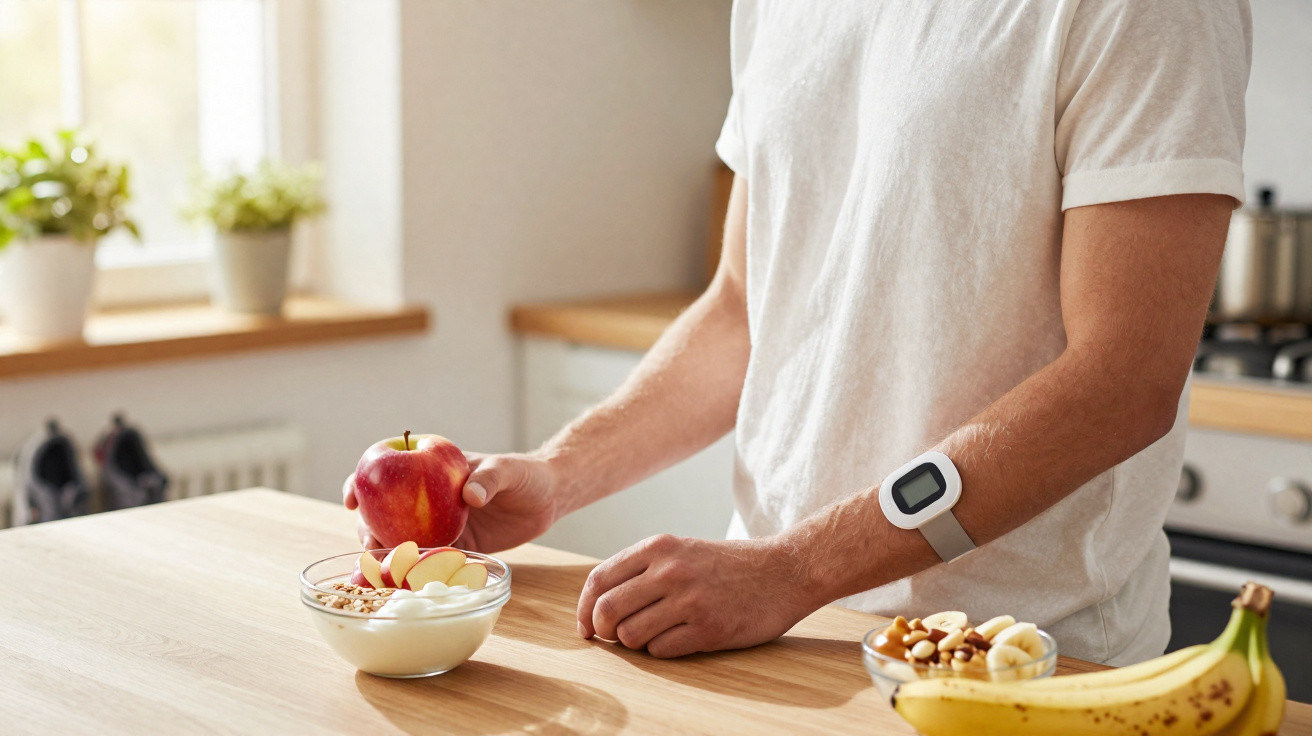 Pessoa com pulseira inteligente segura maçã junto a tigela com iogurte, aveia e frutas na cozinha.