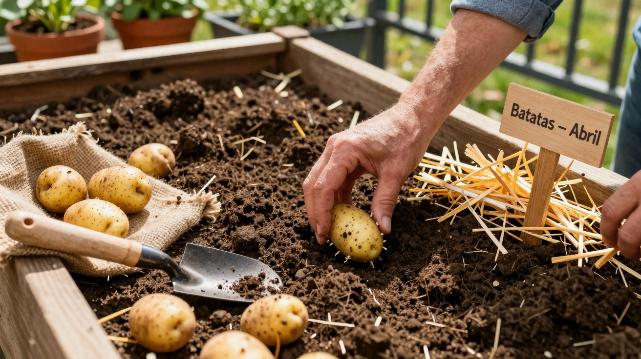 Mãos a plantar batatas num canteiro com terra solta e placa a indicar "Batatas – Abril".