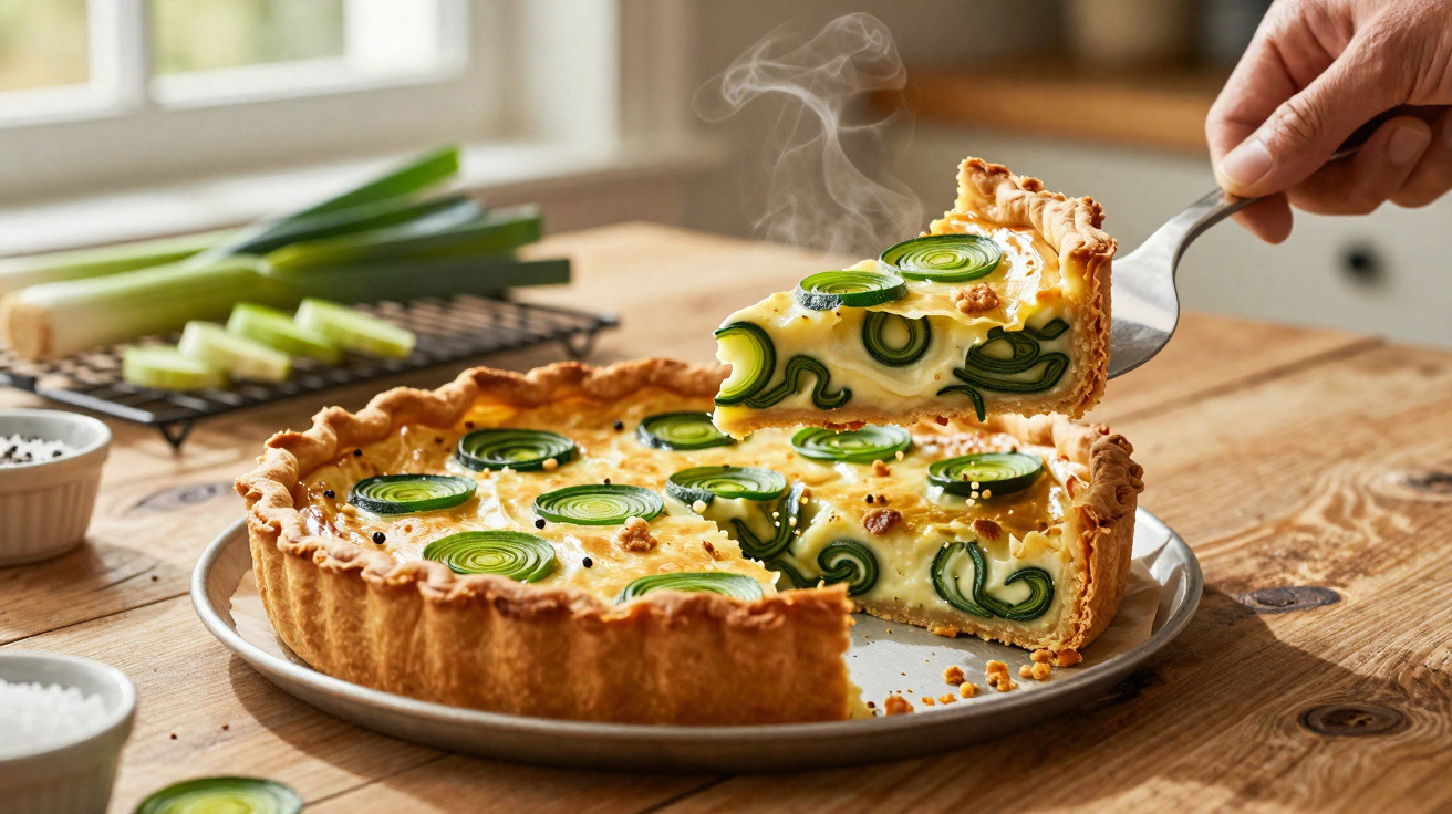 Tarte fumegante de legumes com base dourada servida em prato sobre mesa de madeira.