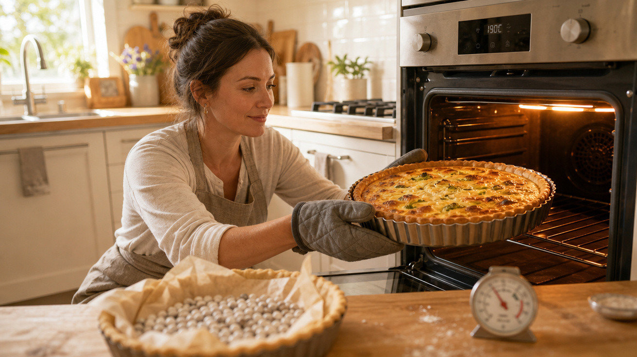 Mulher a retirar quiche dourada do forno numa cozinha iluminada e acolhedora.