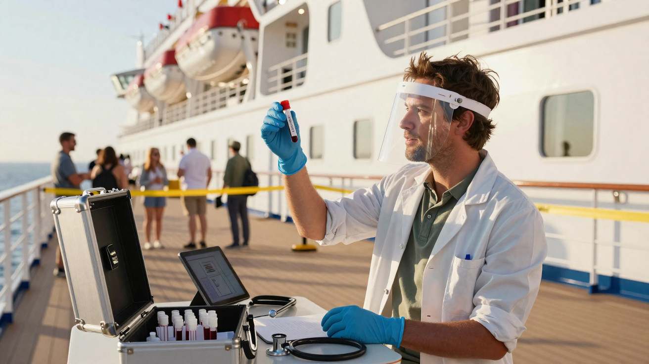 Homem com equipamento de proteção analisa amostra de sangue num navio de cruzeiro com passageiros ao fundo.