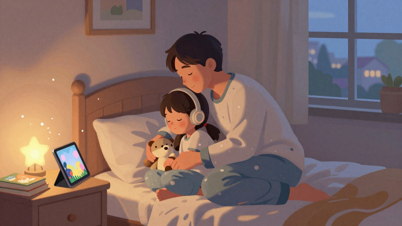 Pai abraça filha com auscultadores na cama à noite, com tablet e candeeiro a luz suave ao lado.