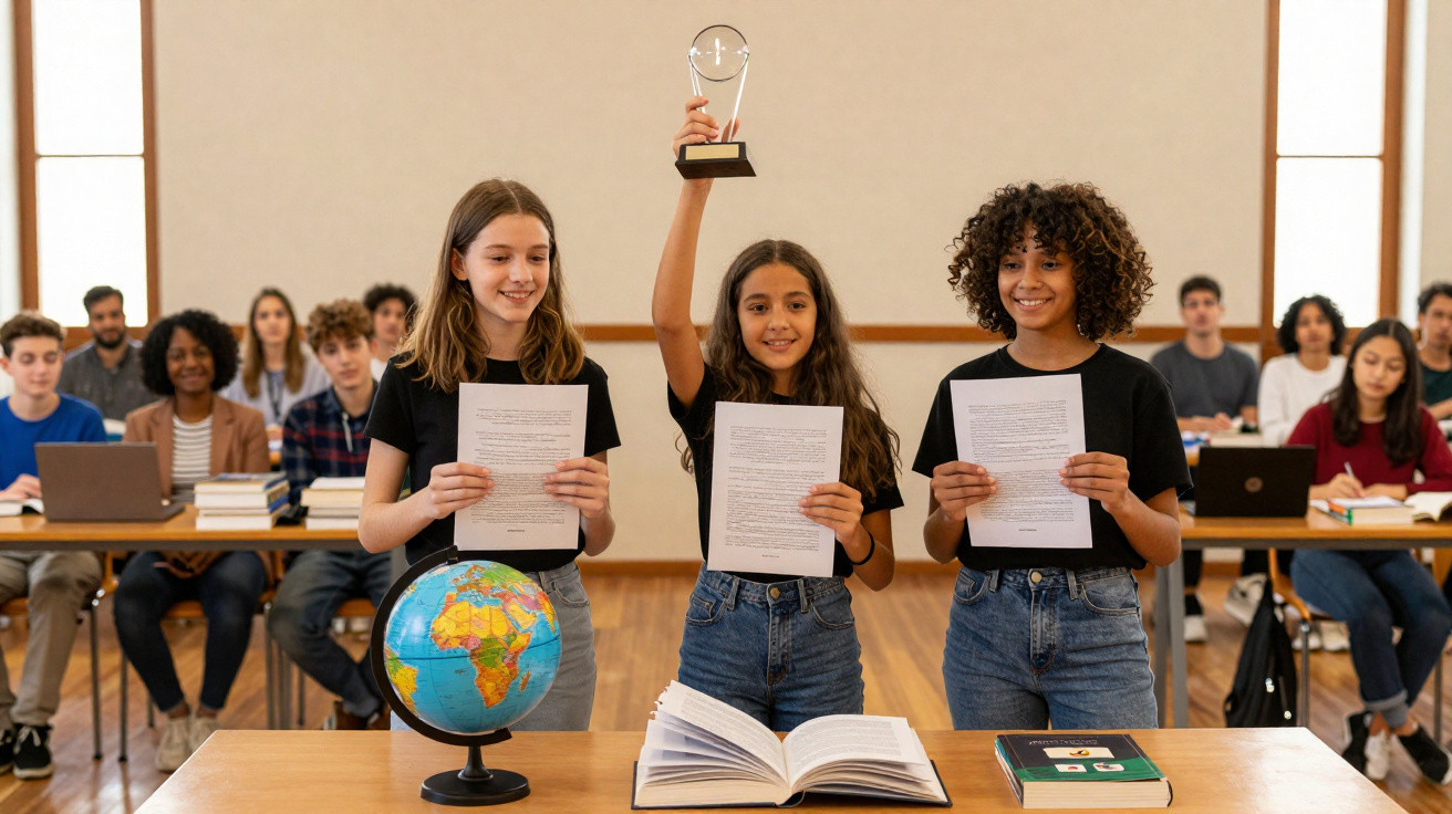 Três estudantes em pé com documentos, um a segurar um troféu, numa sala de aula com colegas sentados.