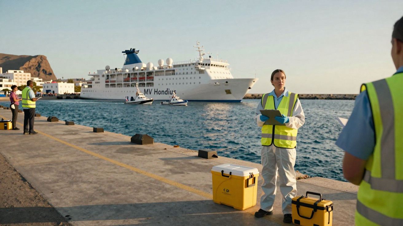 Equipa de segurança com coletes amarelos na doca junto a navio MV Hondius atracado no porto ao entardecer.
