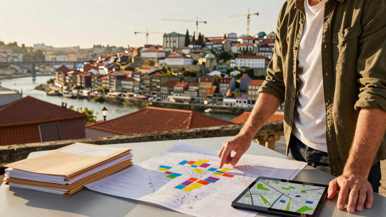 Pessoa a analisar mapas e gráficos numa mesa ao ar livre com vista para cidade junto a rio e canteiros.