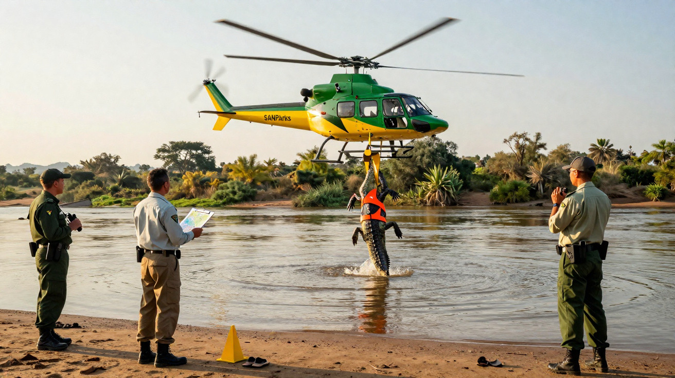 Helicóptero verde e amarelo resgatando um crocodilo do rio, observado por três homens na margem.