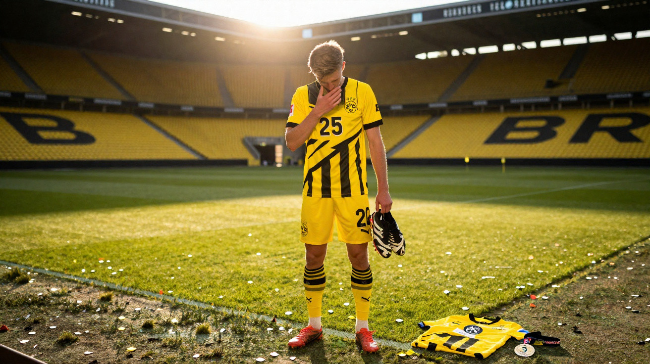 Jogador de futebol do Borussia Dortmund de costas no campo, com ténis na mão e camisa no chão ao lado.