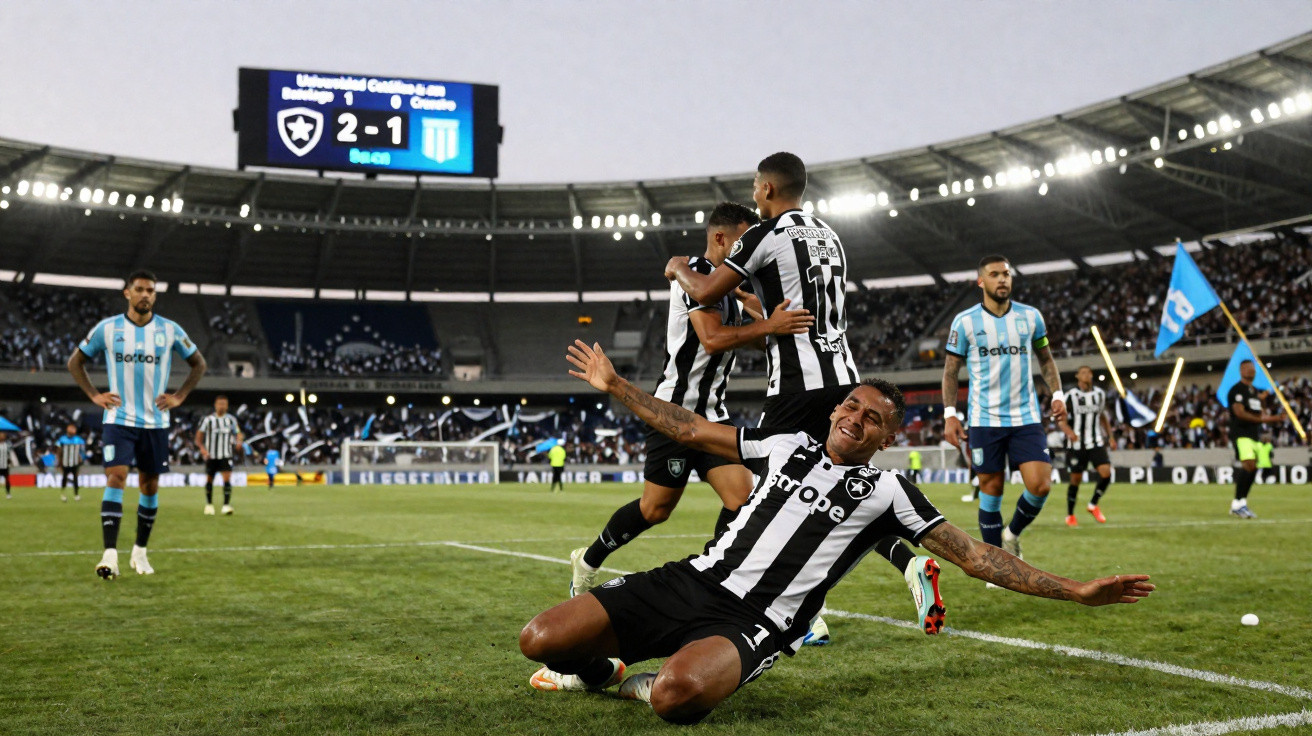 Jogador do Botafogo desliza no relvado a celebrar golo durante jogo contra o Racing Club, estádio cheio ao fundo.