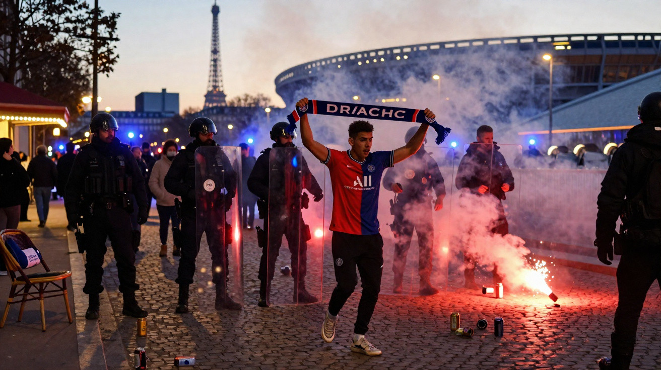 Adepto de futebol com cachecol erguido e polícia antidistúrbios numa rua com fumo e Torre Eiffel ao fundo.