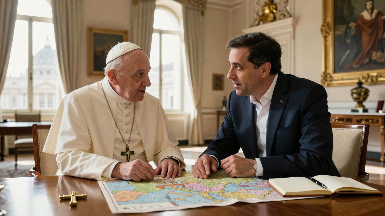 Papa e homem em fato discutem mapa colorido numa sala com janelas grandes e decoração clássica.