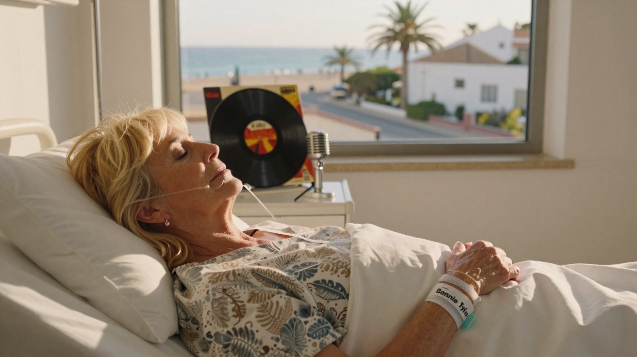 Mulher idosa deitada numa cama hospitalar a ouvir música com auriculares, vista para o mar ao fundo.