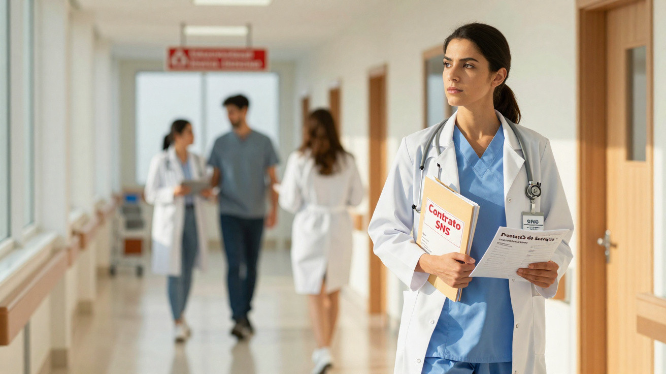 Médica em corredor de hospital com estetoscópio e documentos, com outras pessoas ao fundo.