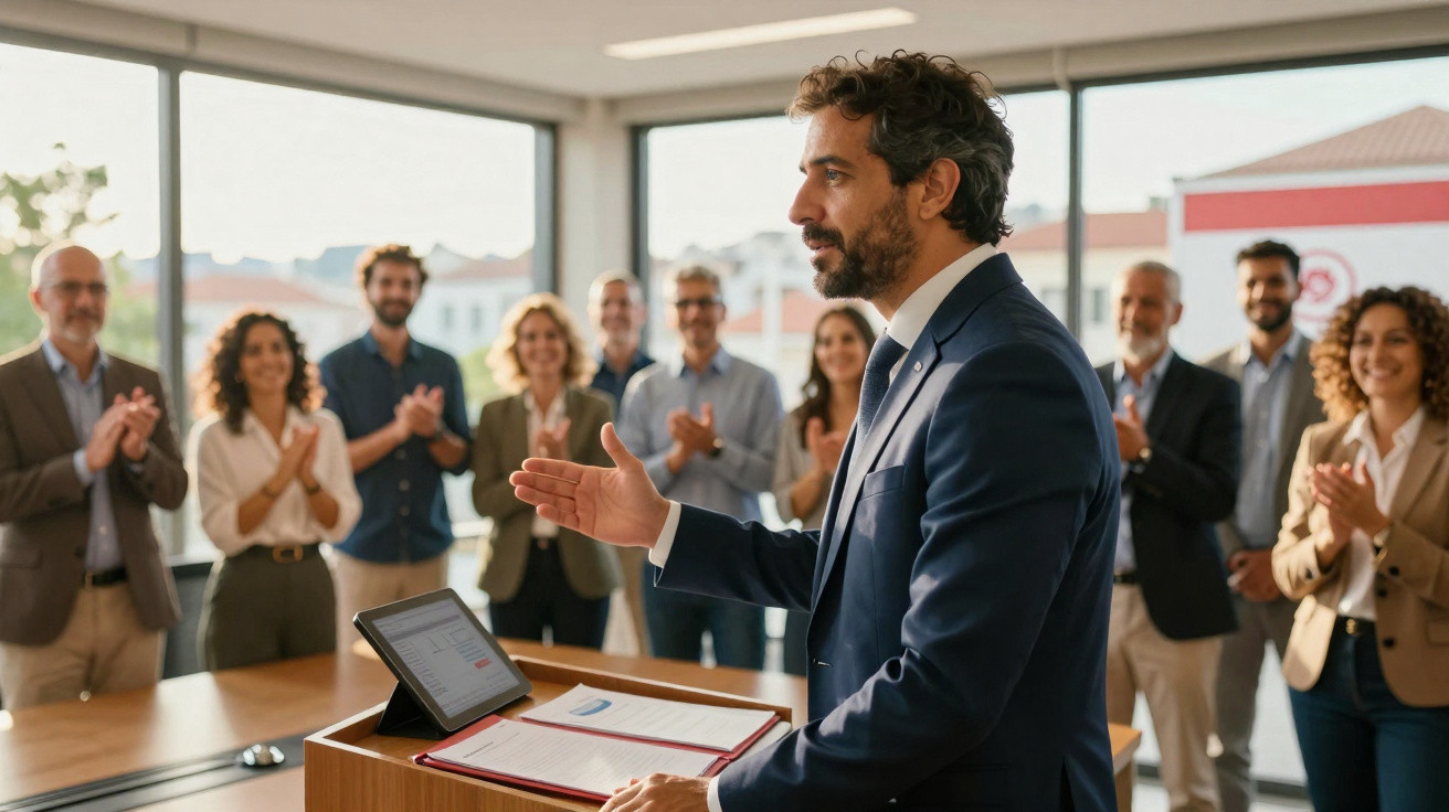 Homem fala numa reunião empresarial enquanto colegas aplaudem numa sala iluminada pelo sol.