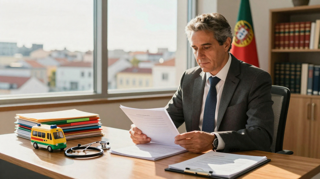 Homem de fato a ler documentos num escritório com bandeira de Portugal e brinquedo de ambulância na secretária.