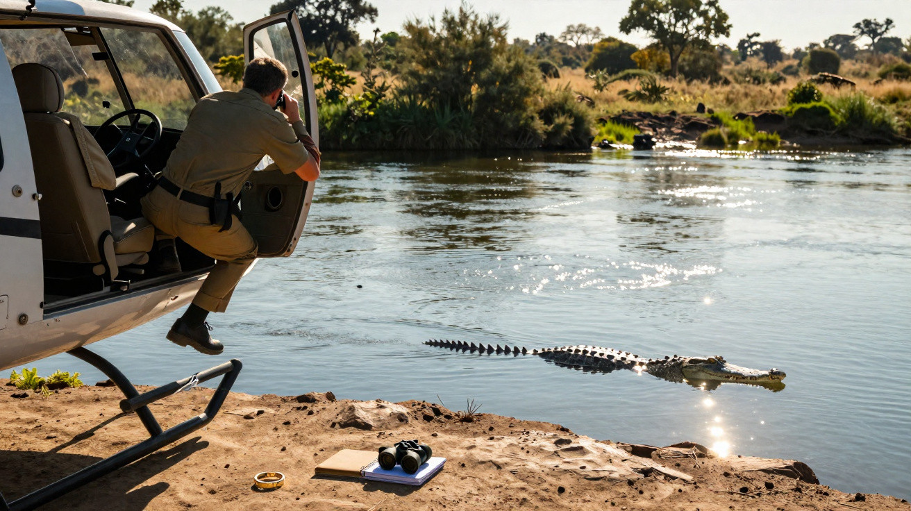 Homem de roupa cáqui tira foto de crocodilo no rio a partir da porta aberta de helicóptero estacionado na margem.