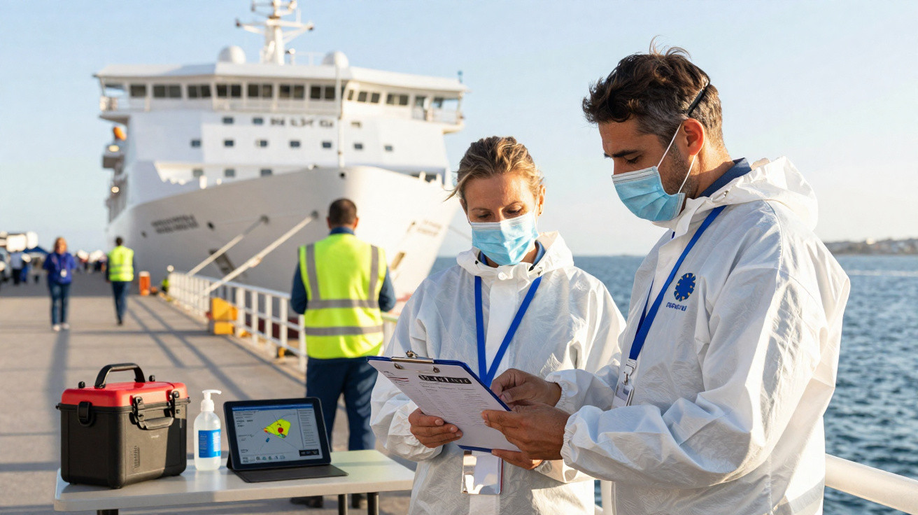 Dois profissionais de saúde em fato de proteção e máscara analisam documentos junto a um navio no cais.