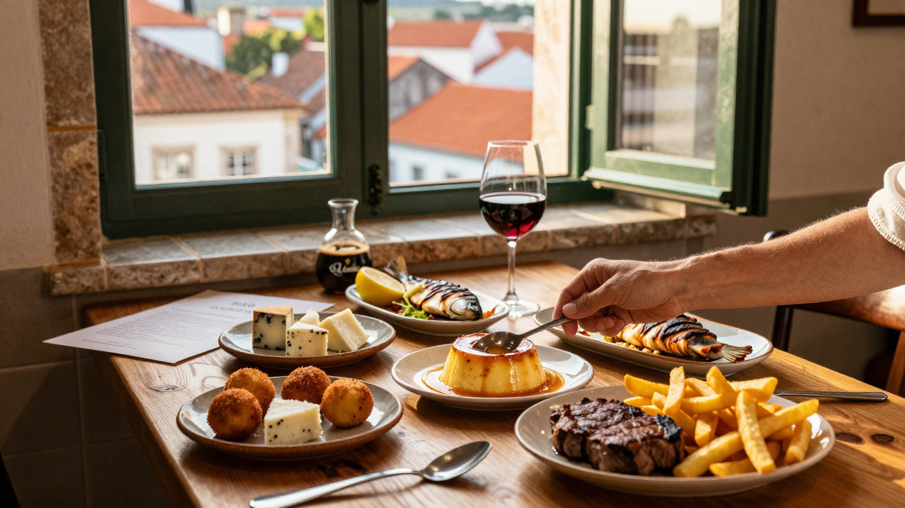 Mesa com pratos diversos de queijo, petiscos, prato principal, sobremesa de pudim, copo de vinho e mão a servir.