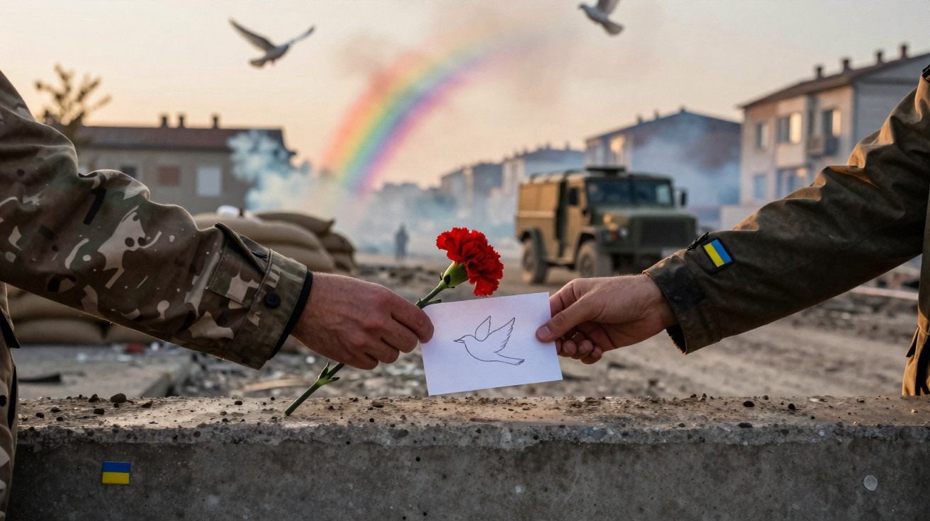 Duas mãos de militares trocando flor vermelha e desenho de pomba, com arco-íris e viatura militar ao fundo.