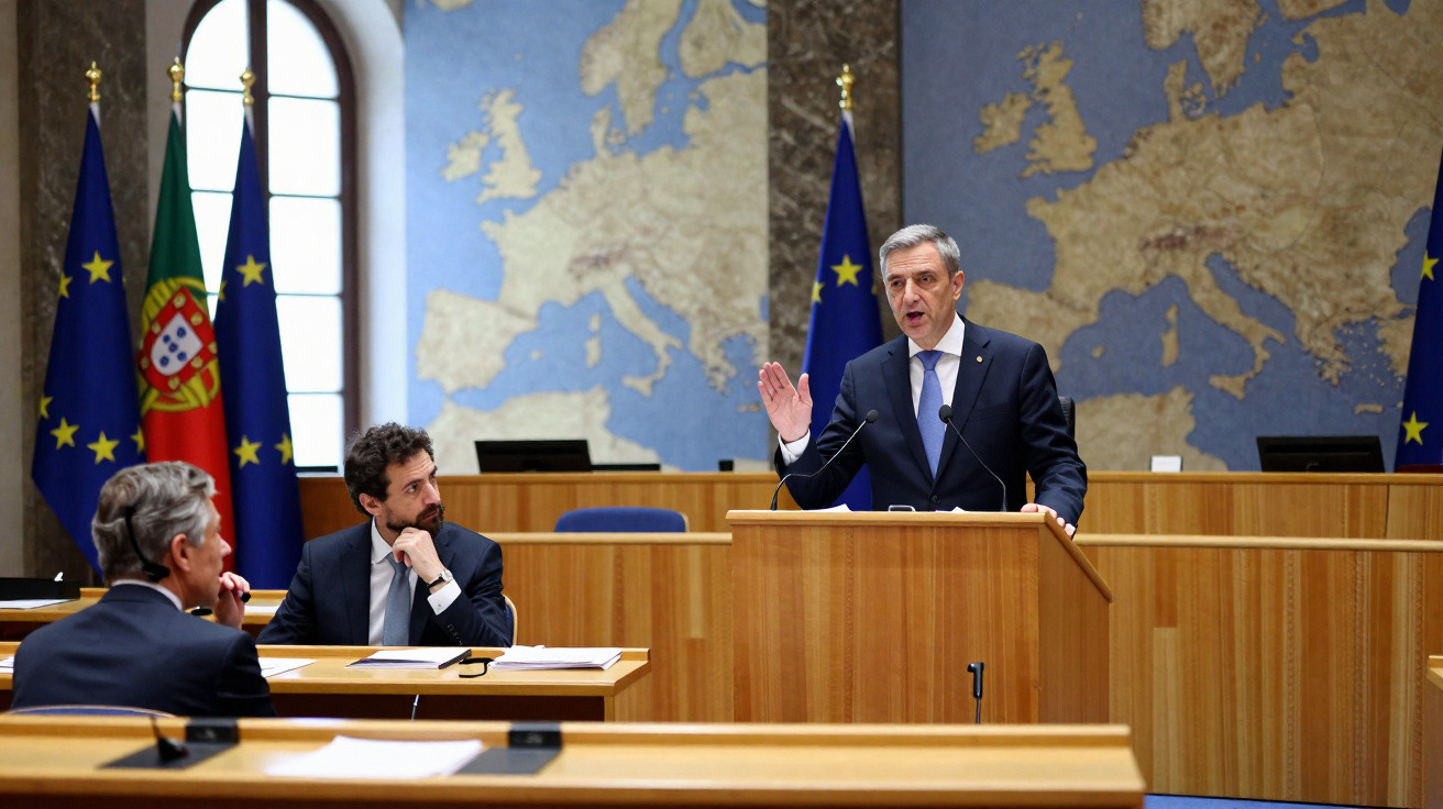 Homem a discursar em tribunal com bandeiras da União Europeia e de Portugal ao fundo.