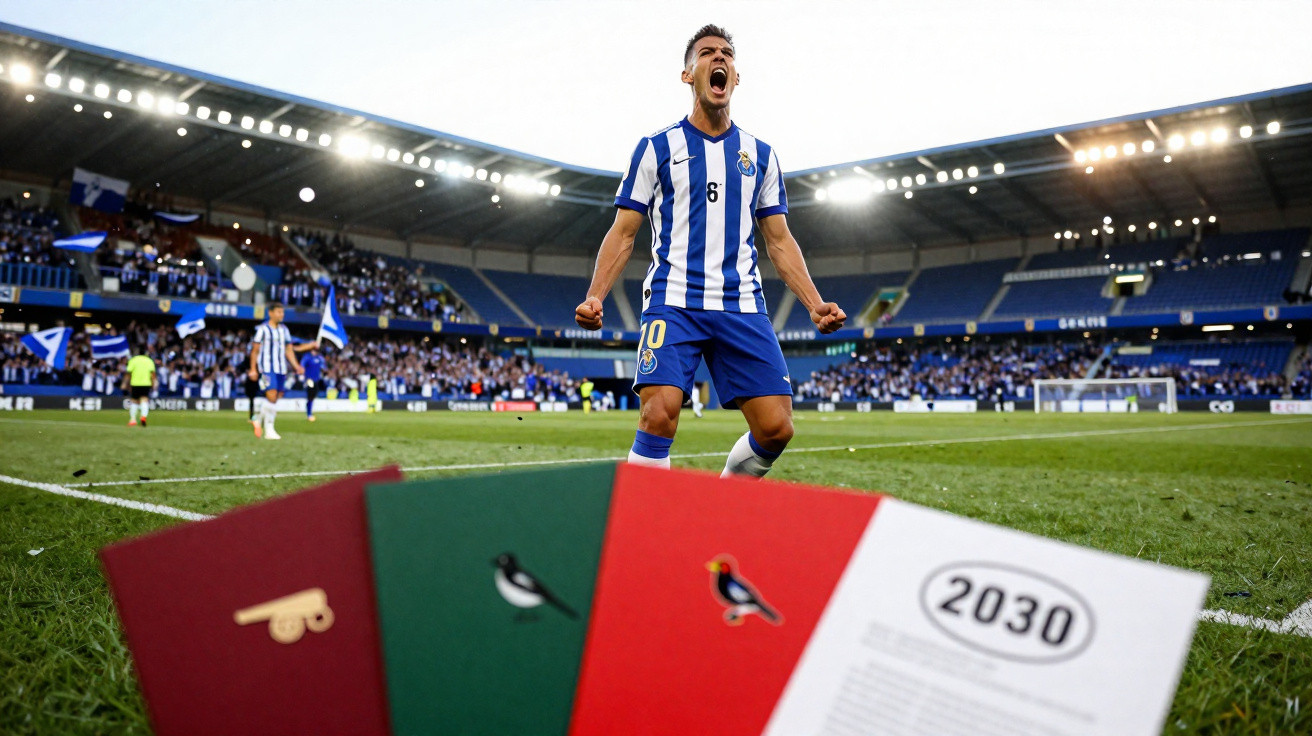 Jogador de futebol do FC Porto celebra golo no estádio com adeptos ao fundo e convocatórias em primeiro plano.