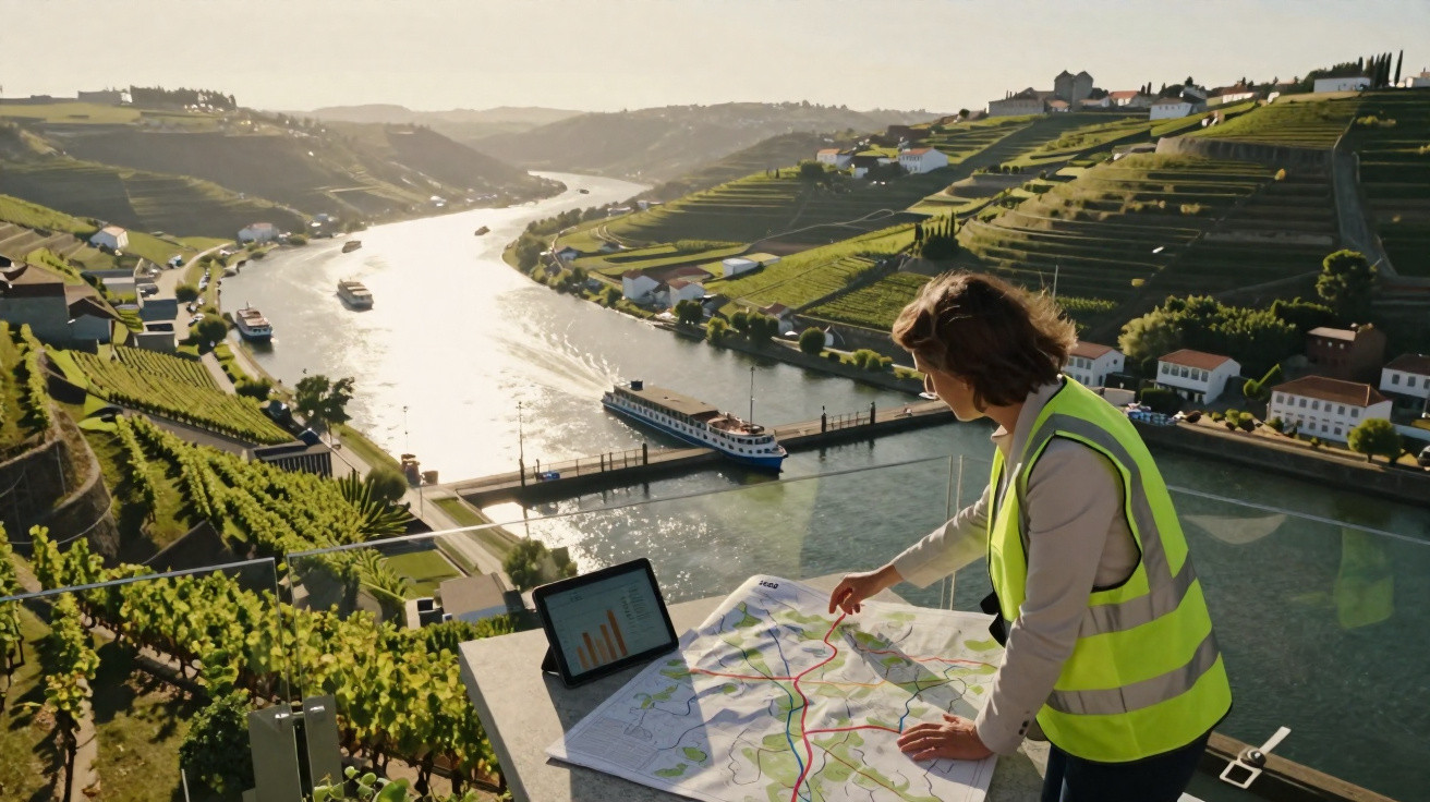 Pessoa com colete refletor analisa mapa em miradouro com vista para rio e vinhas em socalcos ao pôr do sol.
