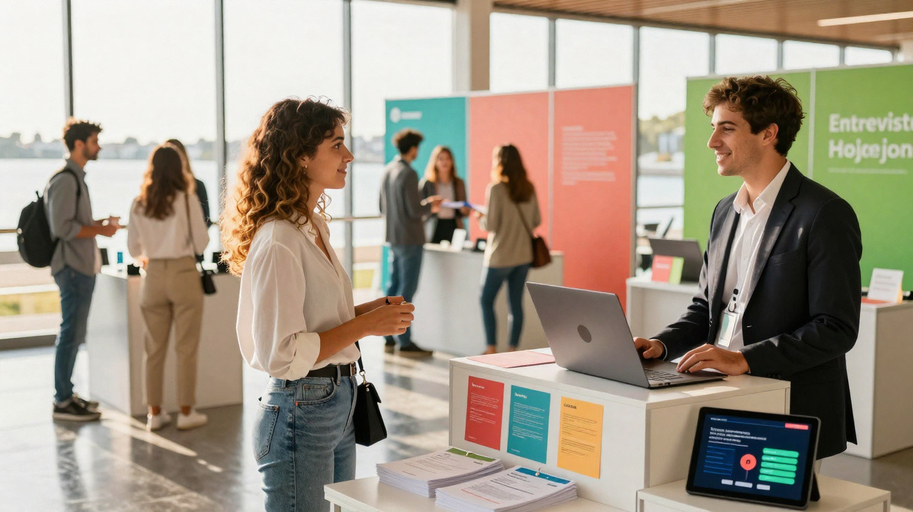 Ambiente de feira de emprego com pessoas a conversar em stands, um homem e uma mulher em destaque.