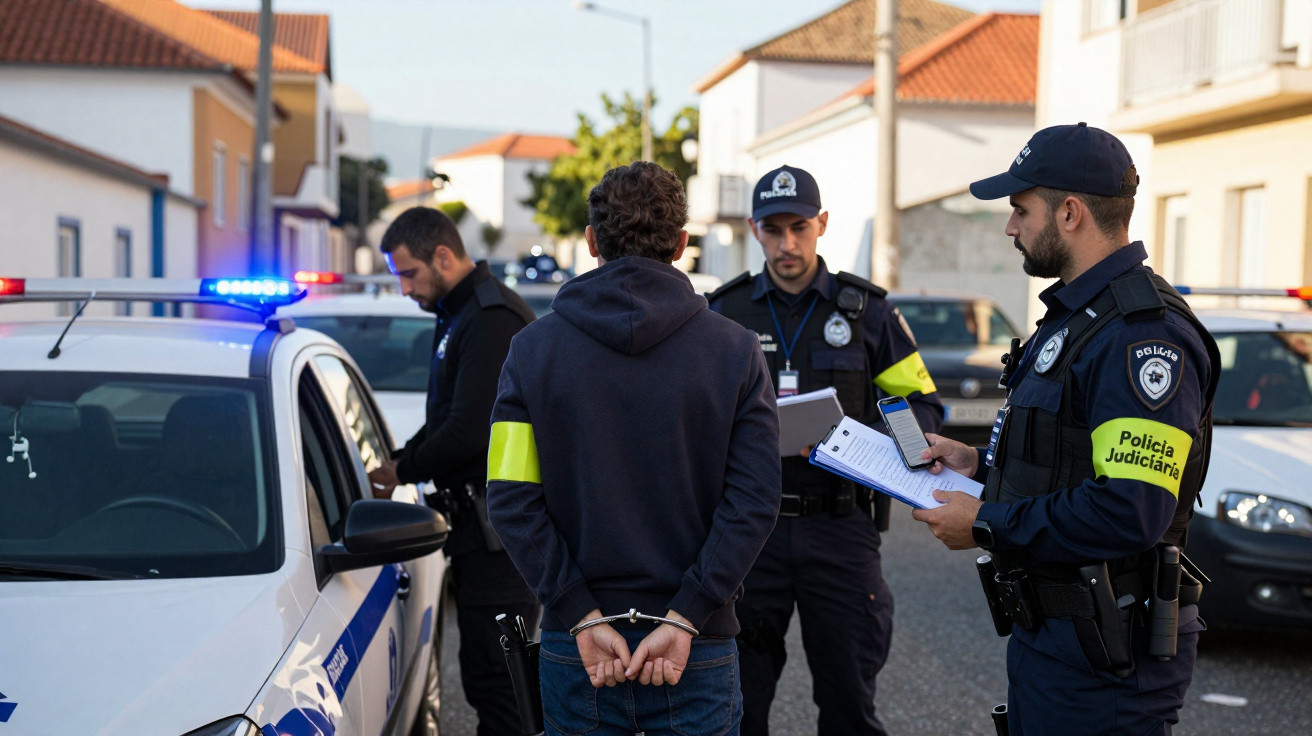 Agente da Polícia Judiciária algema suspeito enquanto outro polícia verifica documentos numa rua urbana.