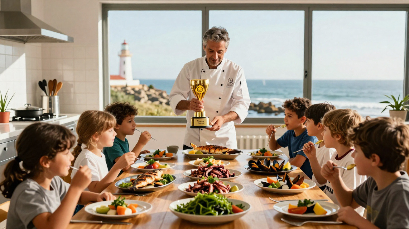 Chef mostra troféu a crianças à mesa com diversas pratos de comida, com vista para o mar e farol ao fundo.