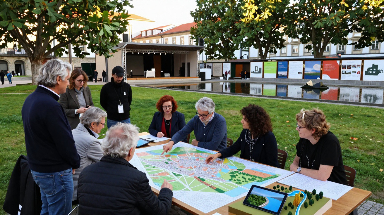 Grupo de pessoas analisando mapas e maquete urbana numa reunião ao ar livre num parque.