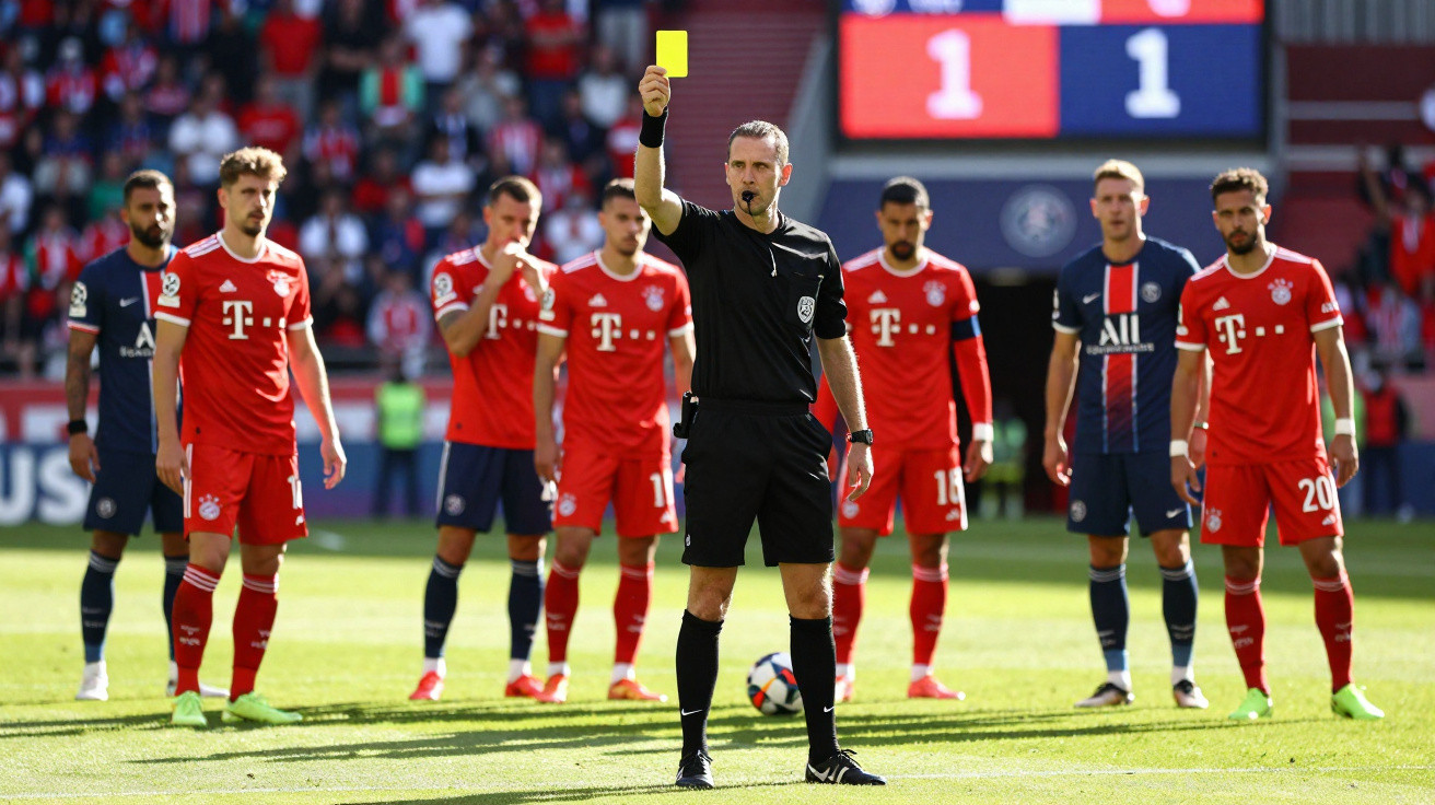 Árbitro mostra cartão amarelo durante jogo de futebol entre jogadores de Bayern Munique e PSG.