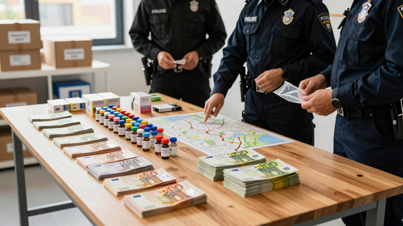 Polícia com dinheiro apreendido, frascos de medicamentos e mapa sobre mesa de madeira numa sala.