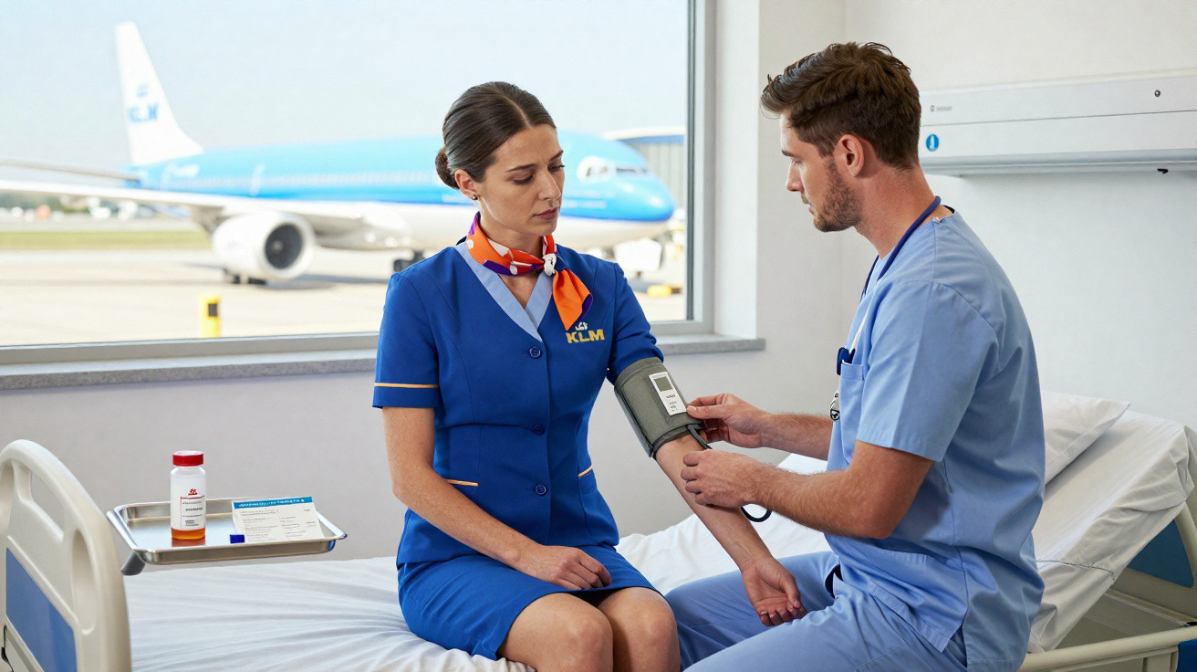 Enfermeiro mede a pressão arterial de hospedeira de bordo numa sala de hospital com avião KLM ao fundo.