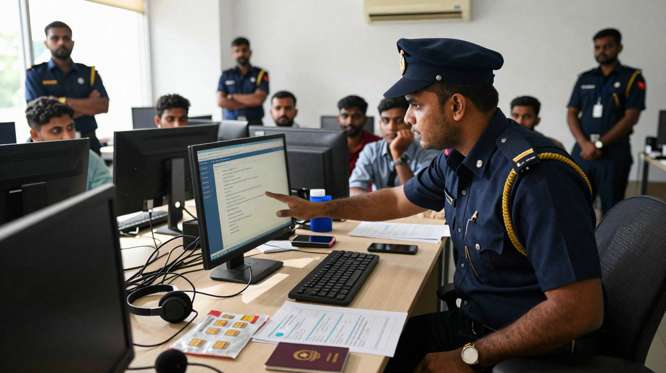 Polícia em uniforme ensina grupo sentado em sala com computadores e documentos num ambiente de escritório.