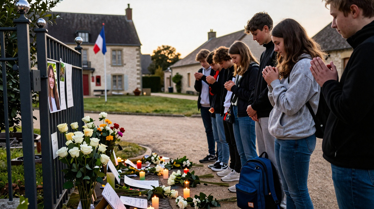 Jovens em homenagem silenciosa junto a velas, flores e fotos numa rua de vila francesa ao pôr do sol.
