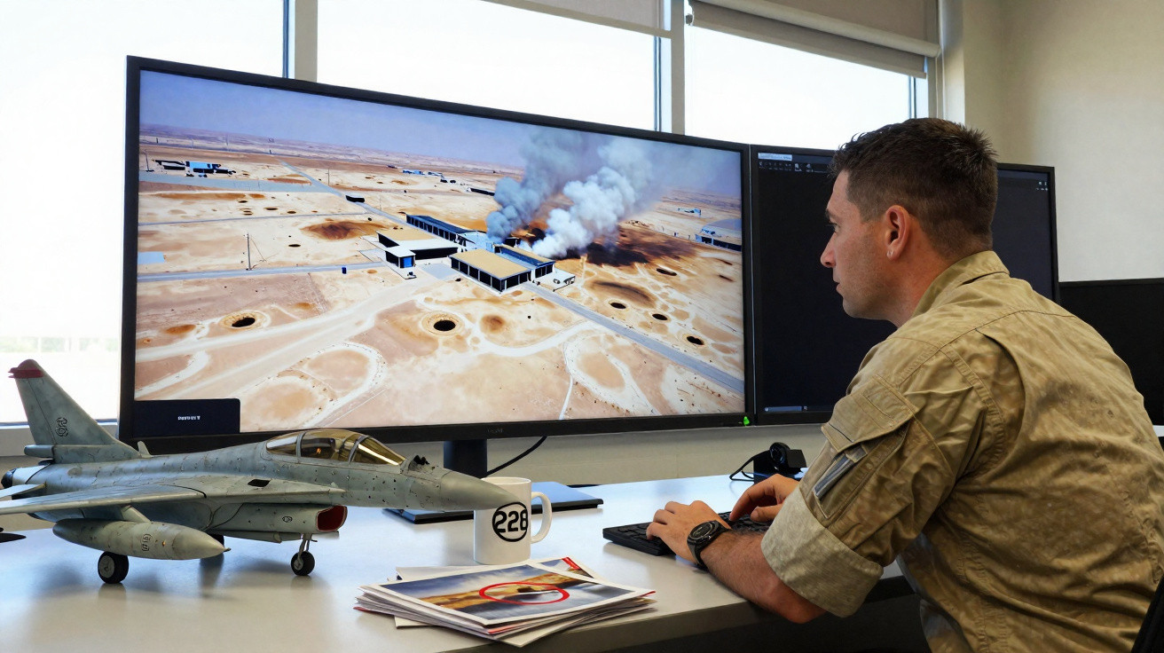 Homem militar analisa em computador imagens aéreas de instalação em chamas no deserto.