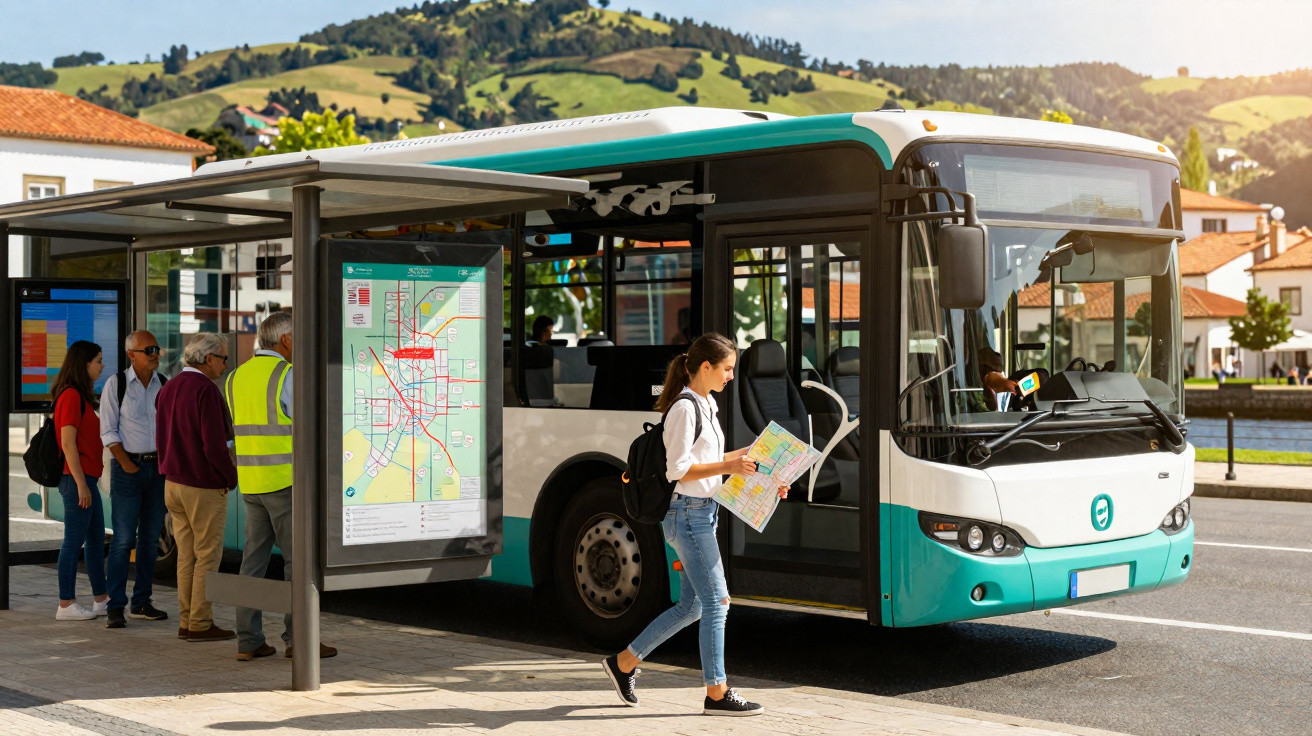 Autocarro urbano parado numa paragem com pessoas à espera e uma mulher a consultar um mapa na mão.