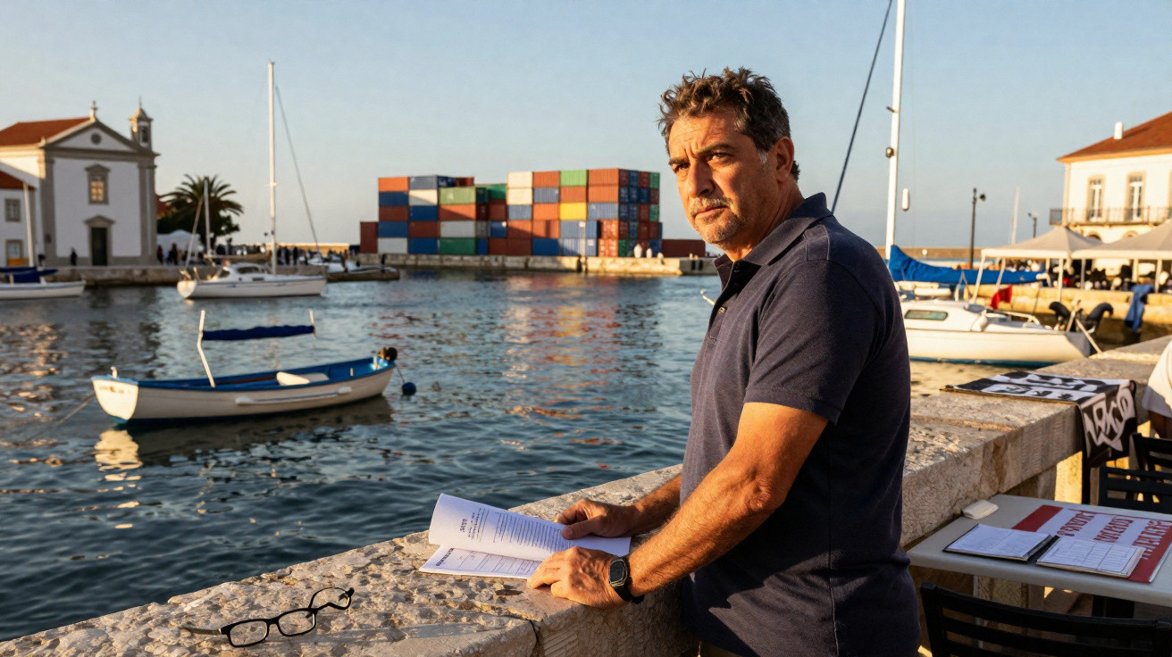 Homem de camisa azul encostado num muro junto ao mar, com papel na mão e barcos ao fundo.