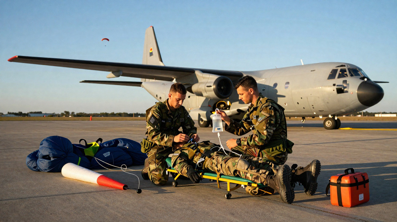 Dois militares em uniforme cuidam de um colega ferido numa maca junto a avião militar na pista.