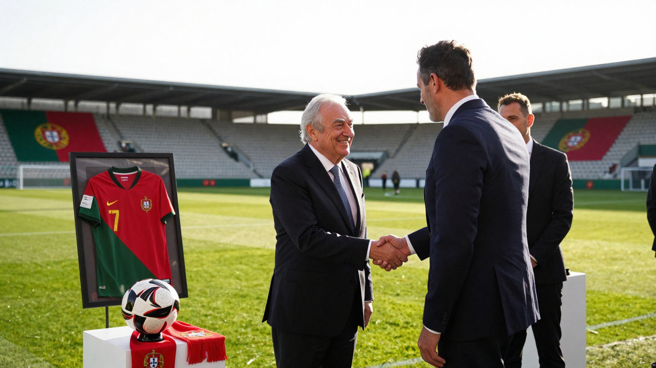 Dois homens de fato a cumprimentarem-se num estádio de futebol com uma camisola e bola de Portugal em exposição ao lado.