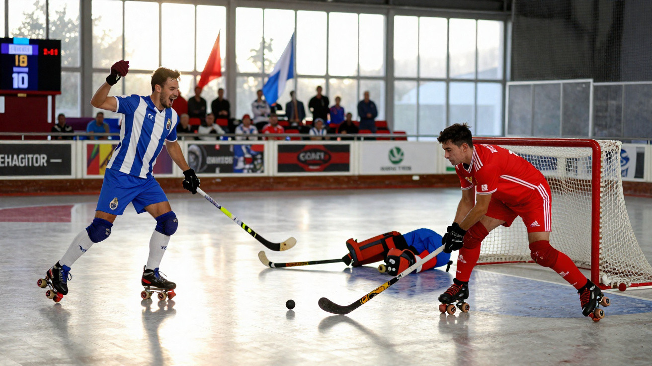 Jogo de hóquei em patins com jogador em azul a atacar e guarda-redes e defesa em vermelho a tentar defender golo.