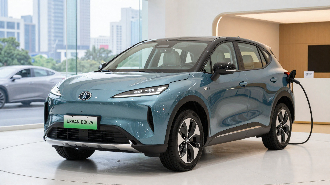 Carro elétrico Toyota Urban-E2025 azul em exposição, a ser carregado numa estação interna moderna.
