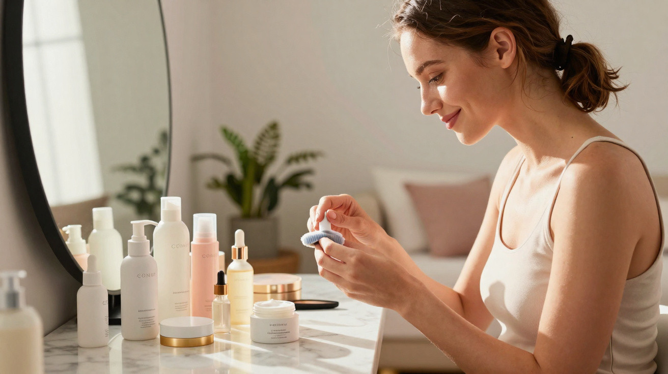 Mulher sorridente aplica creme facial numa sala iluminada com vários produtos de beleza numa mesa.