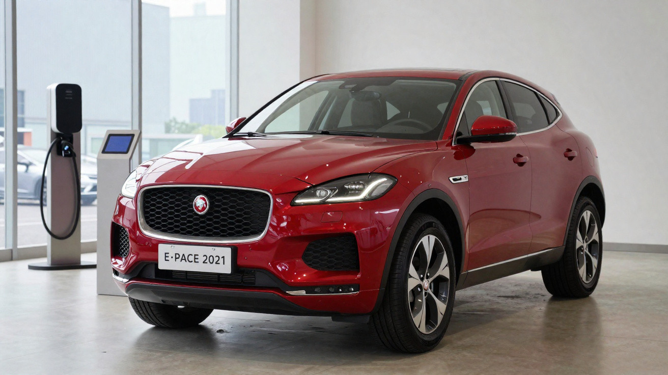 Carro elétrico Jaguar E-Pace 2021 vermelho estacionado em showroom junto a carregador elétrico.