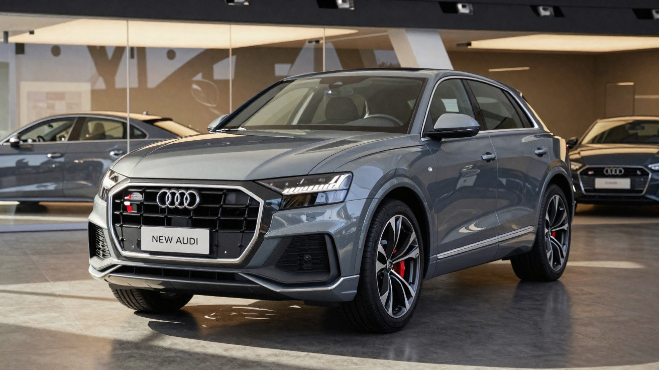 Automóvel Audi cinzento estacionado em concessionária com interior moderno e iluminação natural.