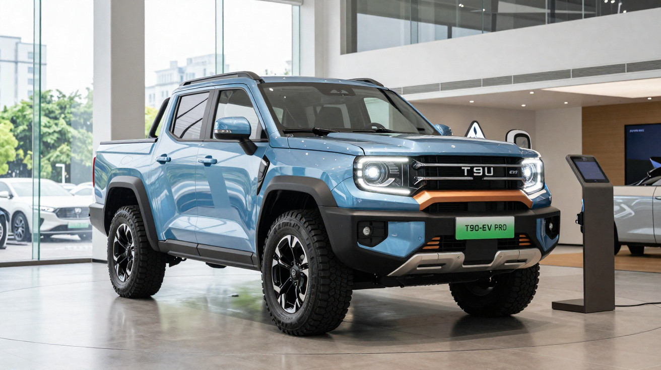 Picape azul T90-EV Pro exposta em showroom moderno com janelas amplas e piso liso.